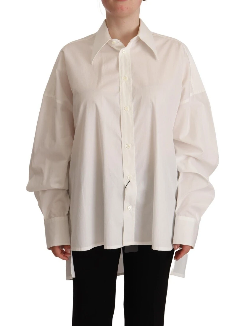 White Cotton Button Up Collared Long Sleeve Top