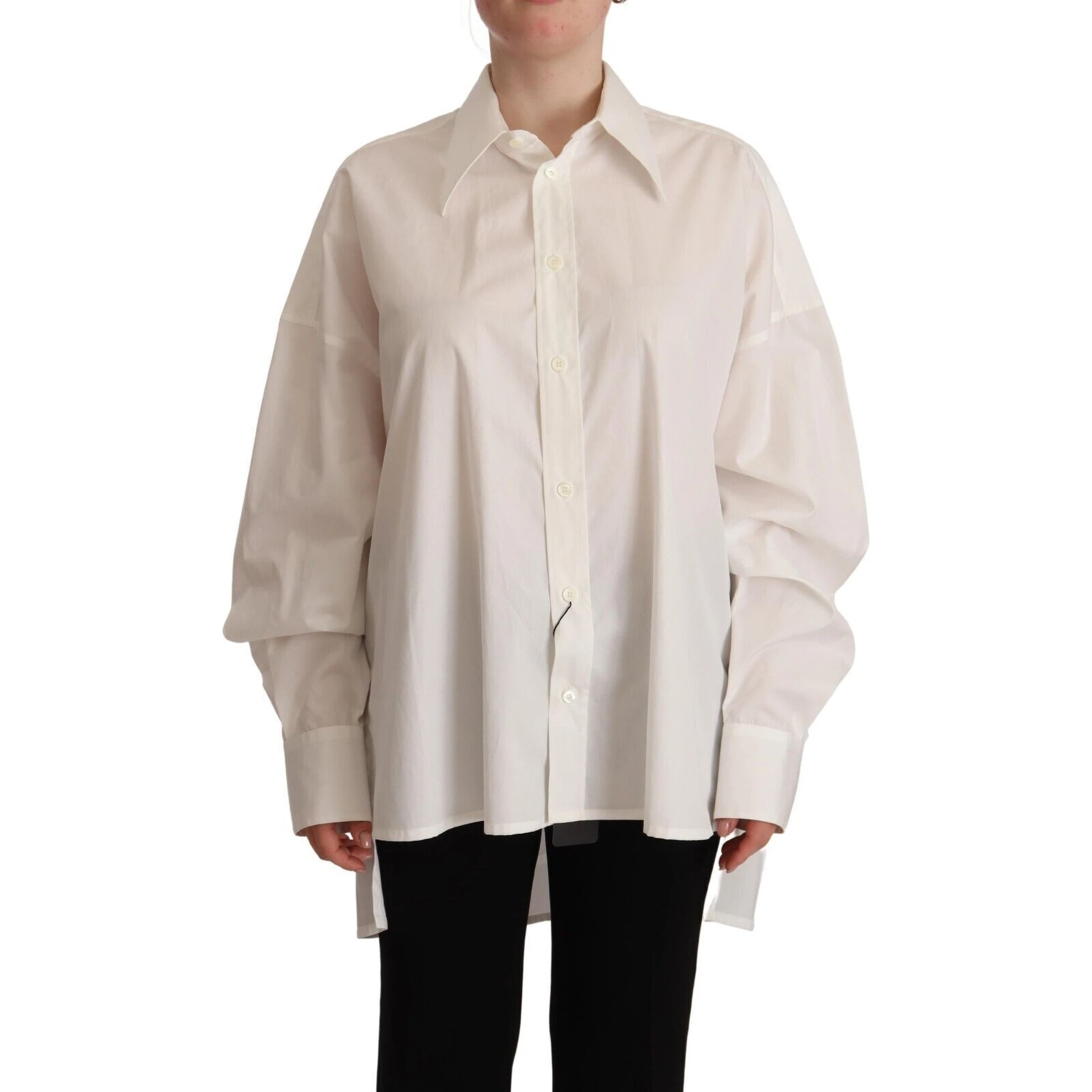 White Cotton Button Up Collared Long Sleeve Top
