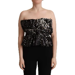 Black Sequined Polyester Strapless Cocktail Blouse Top