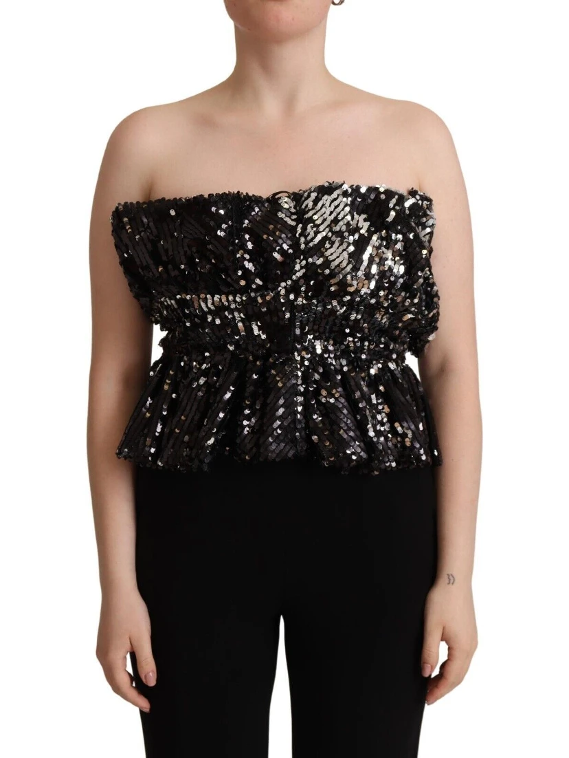 Black Sequined Polyester Strapless Cocktail Blouse Top