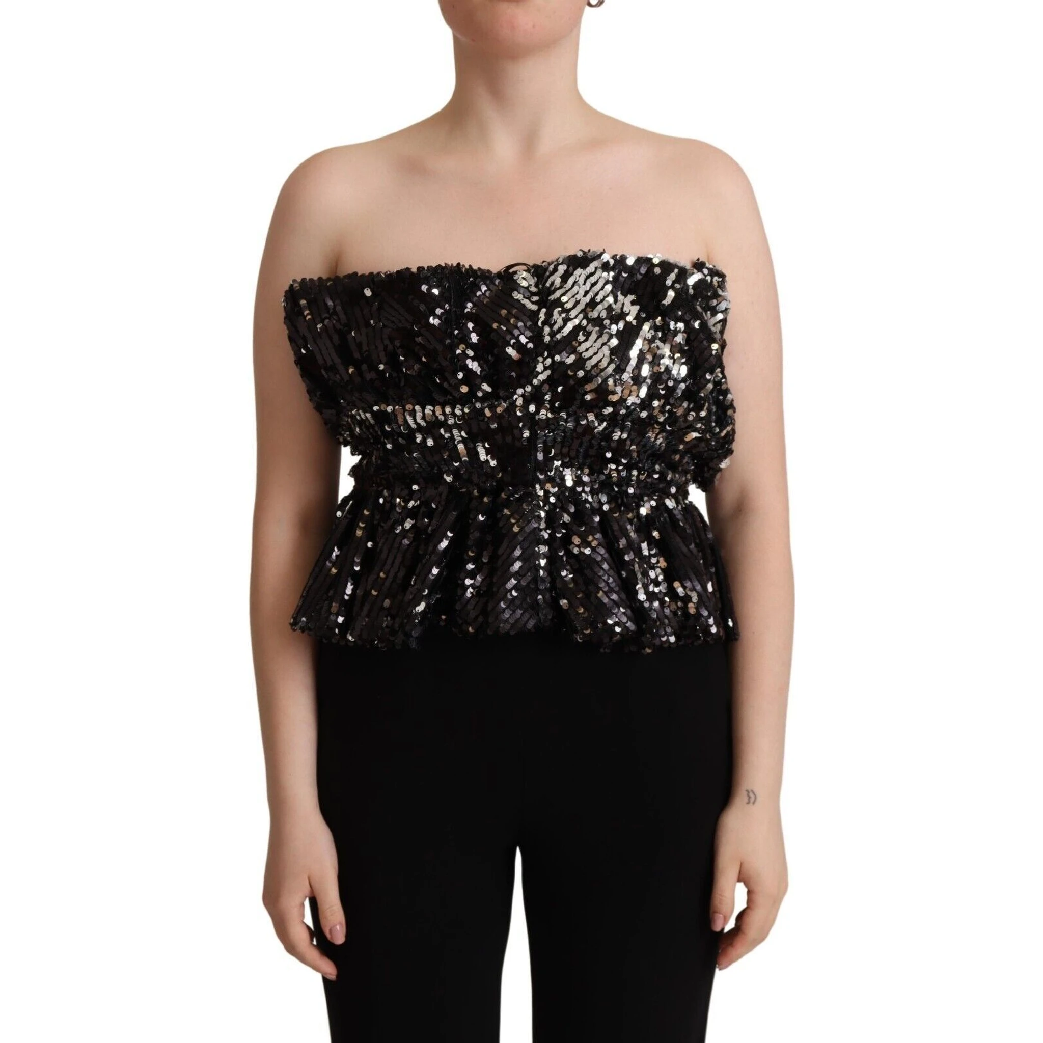 Black Sequined Polyester Strapless Cocktail Blouse Top