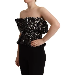 Black Sequined Polyester Strapless Cocktail Blouse Top