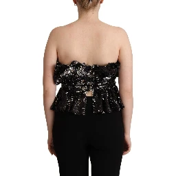 Black Sequined Polyester Strapless Cocktail Blouse Top