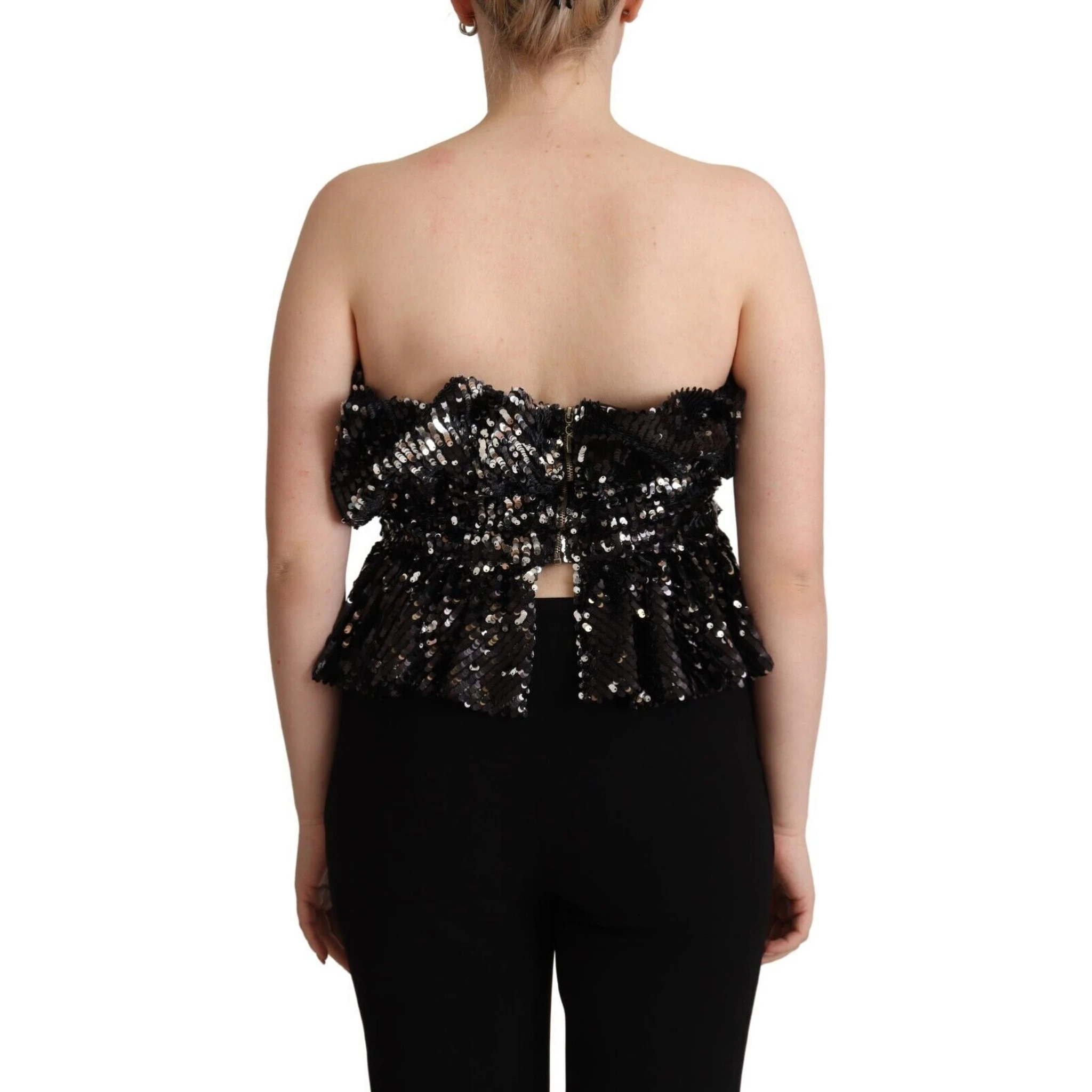 Black Sequined Polyester Strapless Cocktail Blouse Top