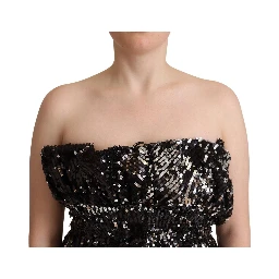 Black Sequined Polyester Strapless Cocktail Blouse Top