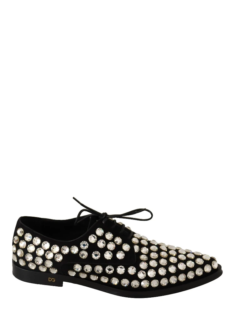 Black Leather Crystals Lace Up Formal Shoes