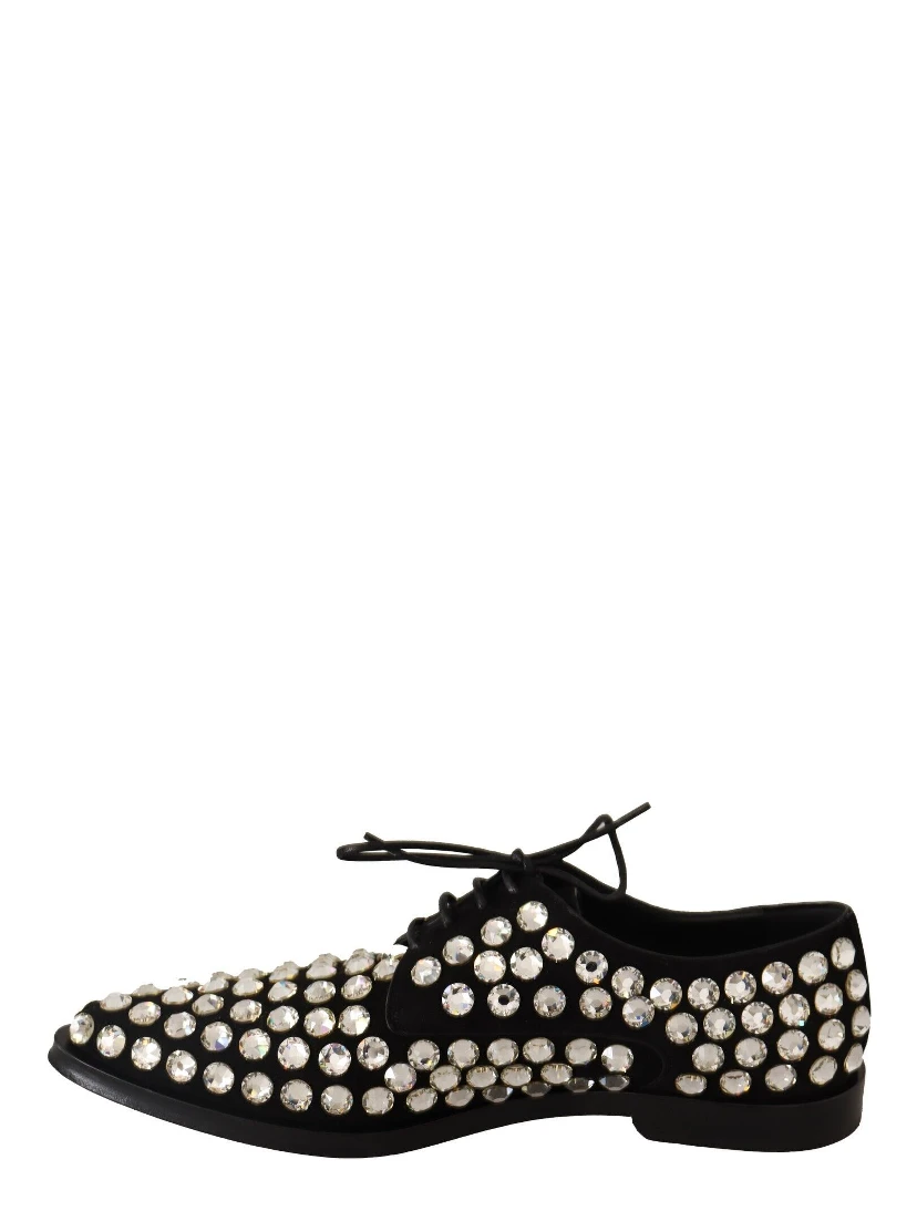 Black Leather Crystals Lace Up Formal Shoes