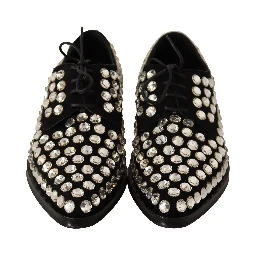 Black Leather Crystals Lace Up Formal Shoes