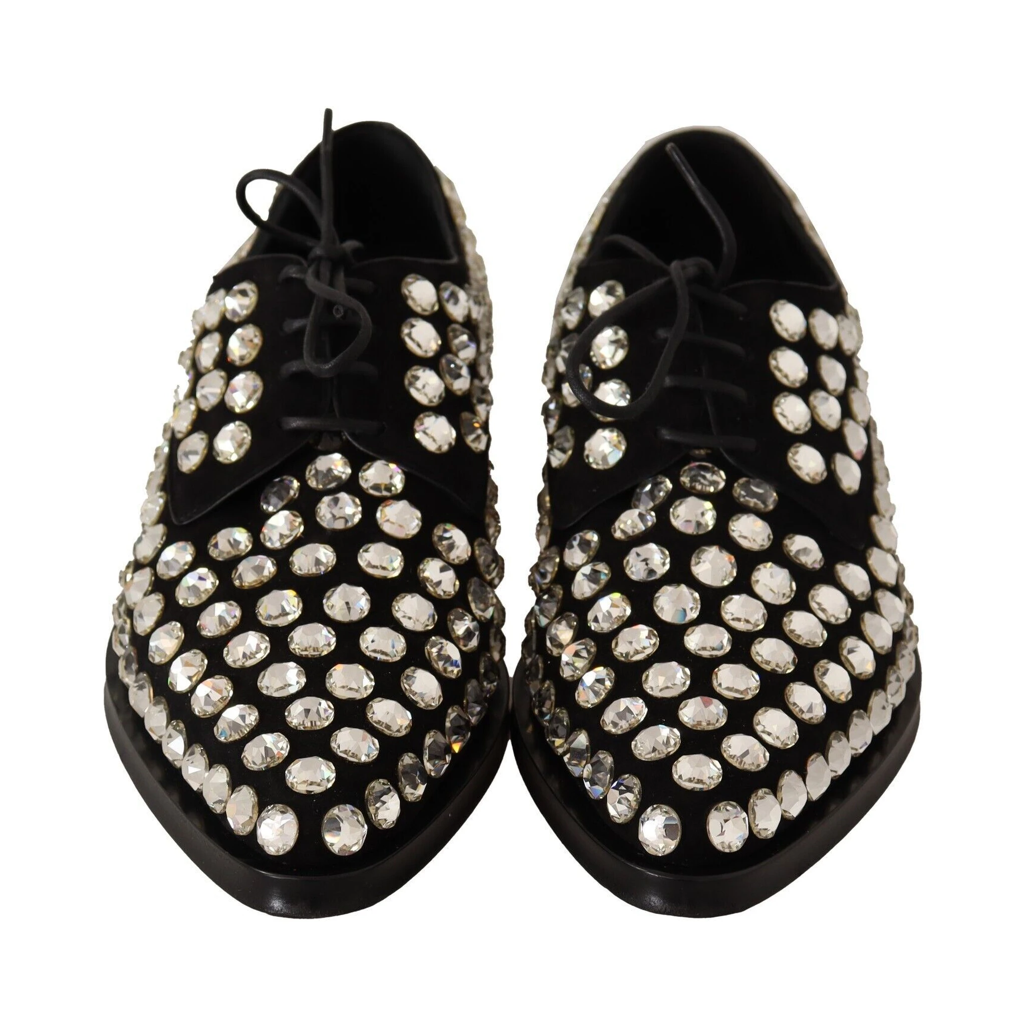 Black Leather Crystals Lace Up Formal Shoes