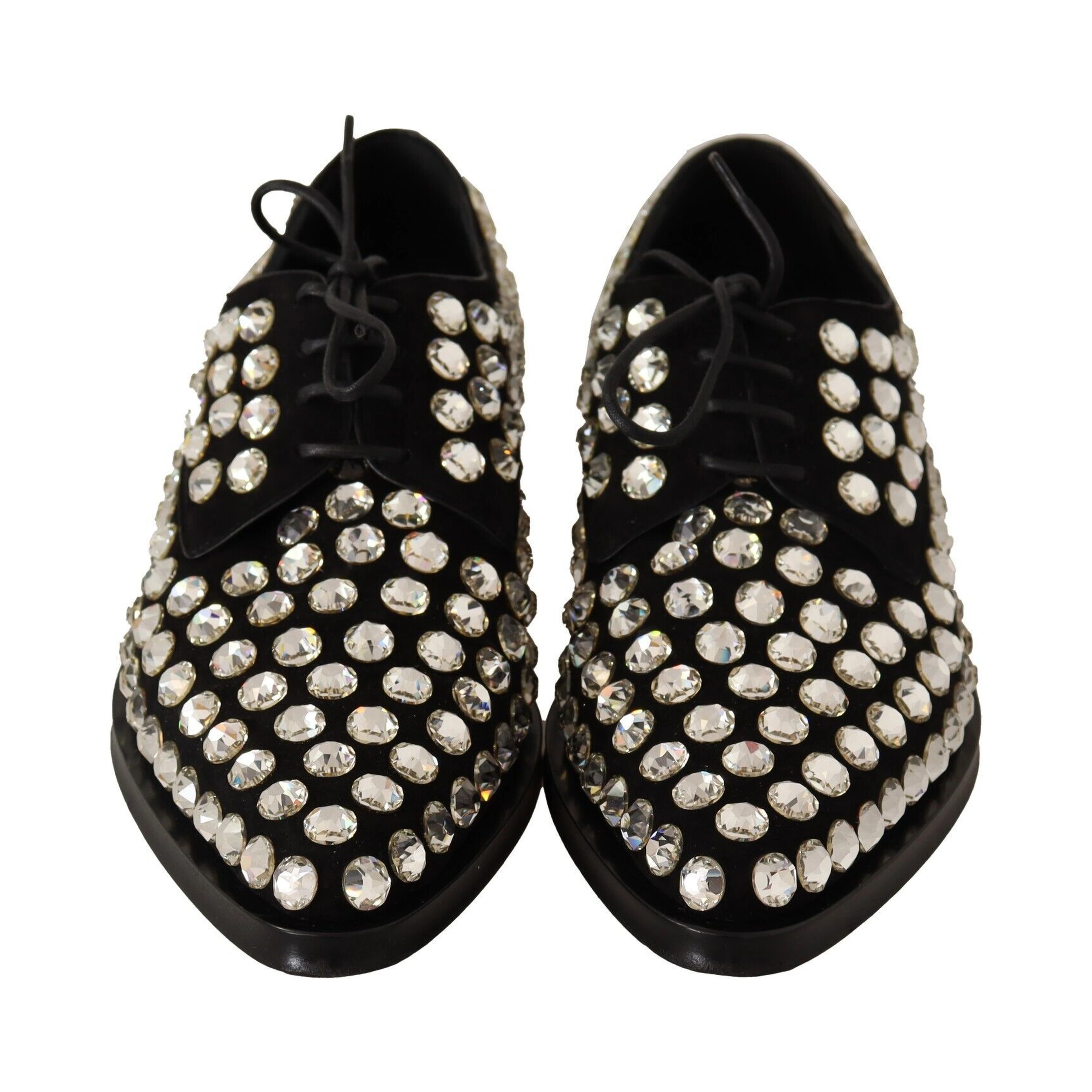 Black Leather Crystals Lace Up Formal Shoes