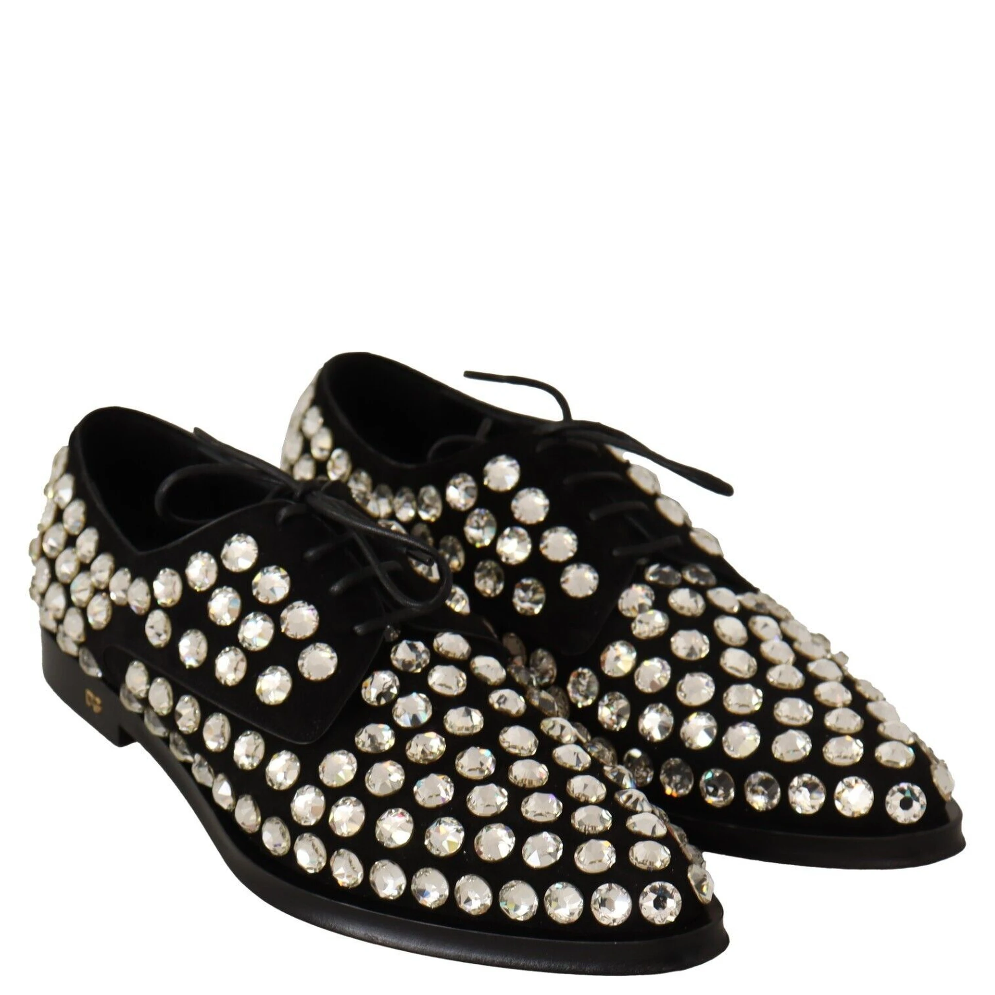 Black Leather Crystals Lace Up Formal Shoes