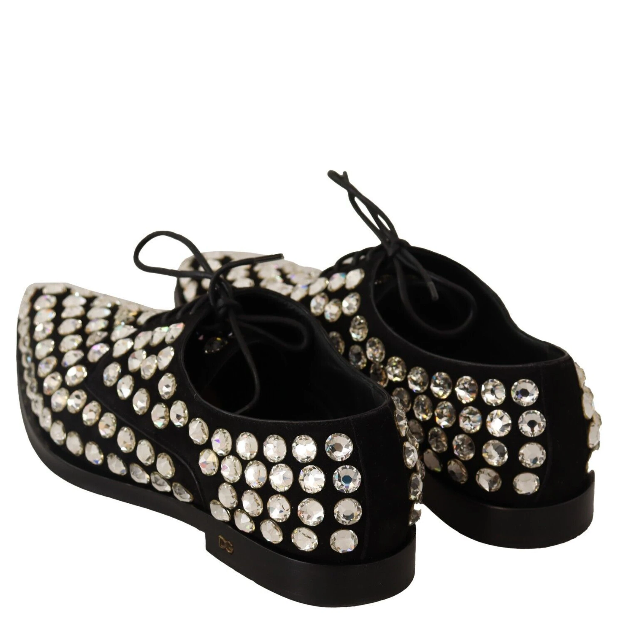 Black Leather Crystals Lace Up Formal Shoes