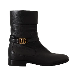 Black Leather Flats Logo Short Boots Shoes