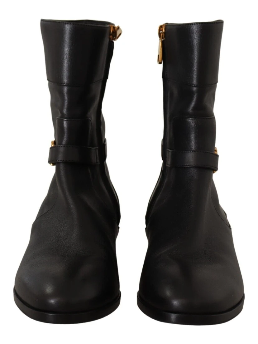 Black Leather Flats Logo Short Boots Shoes