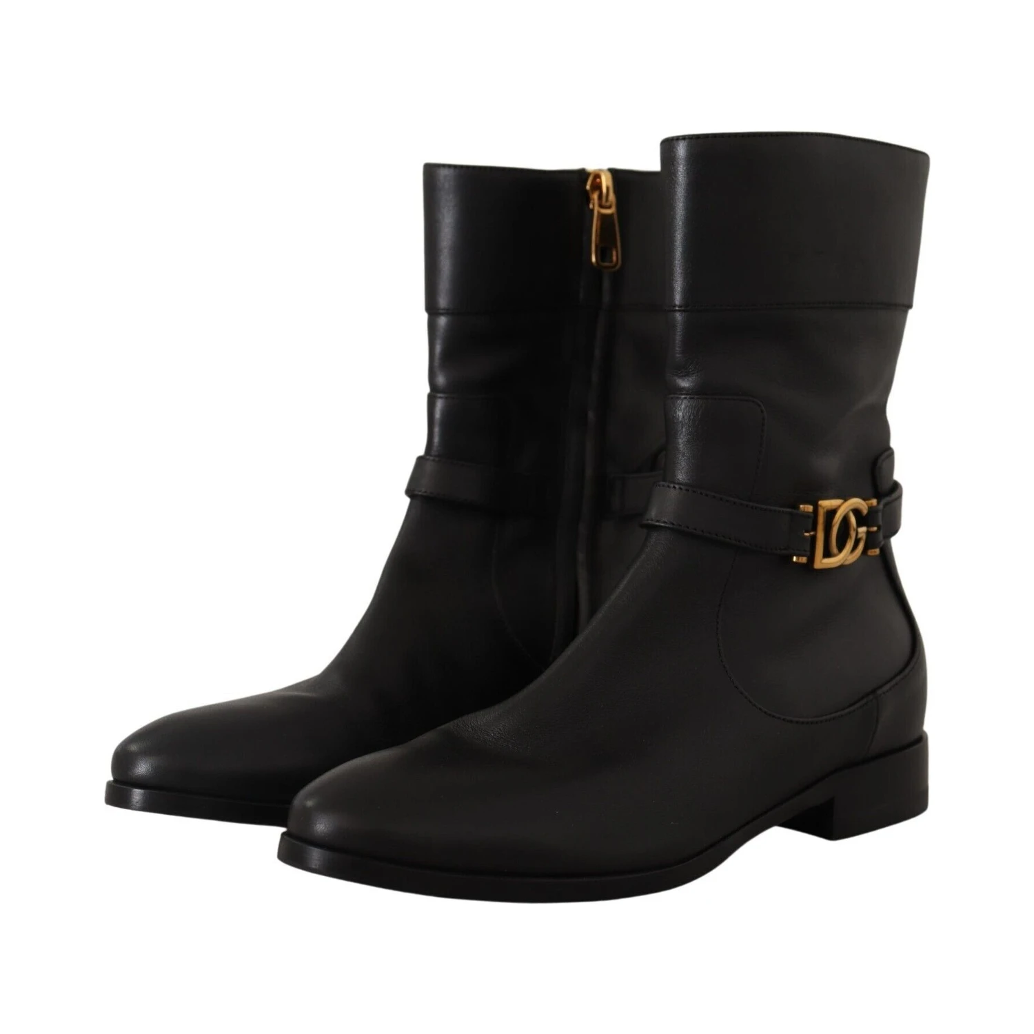 Black Leather Flats Logo Short Boots Shoes