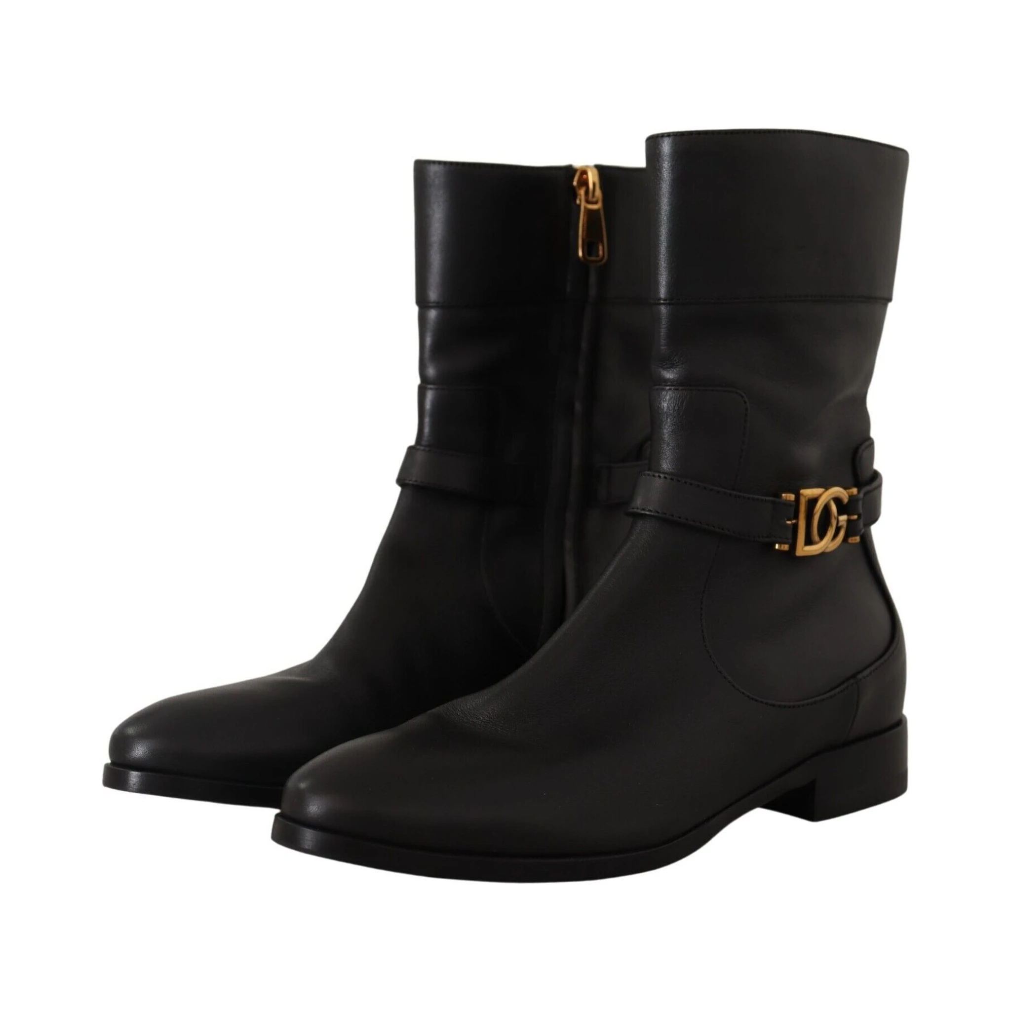 Black Leather Flats Logo Short Boots Shoes