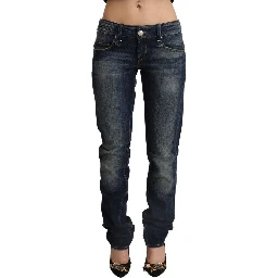 Dark Blue Washed Cotton Skinny Denim Low Waist Jeans