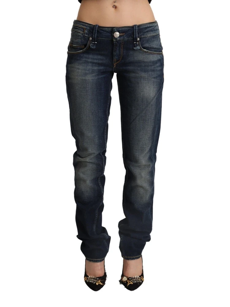 Dark Blue Washed Cotton Skinny Denim Low Waist Jeans