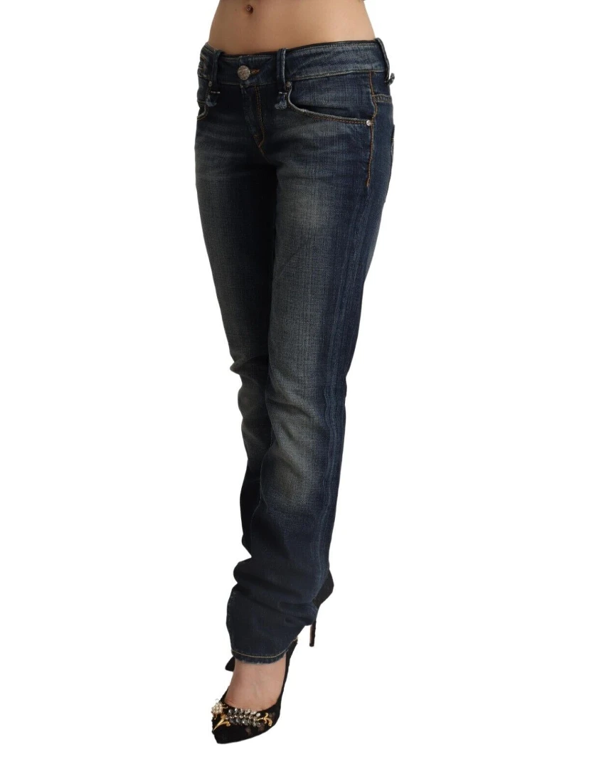 Dark Blue Washed Cotton Skinny Denim Low Waist Jeans