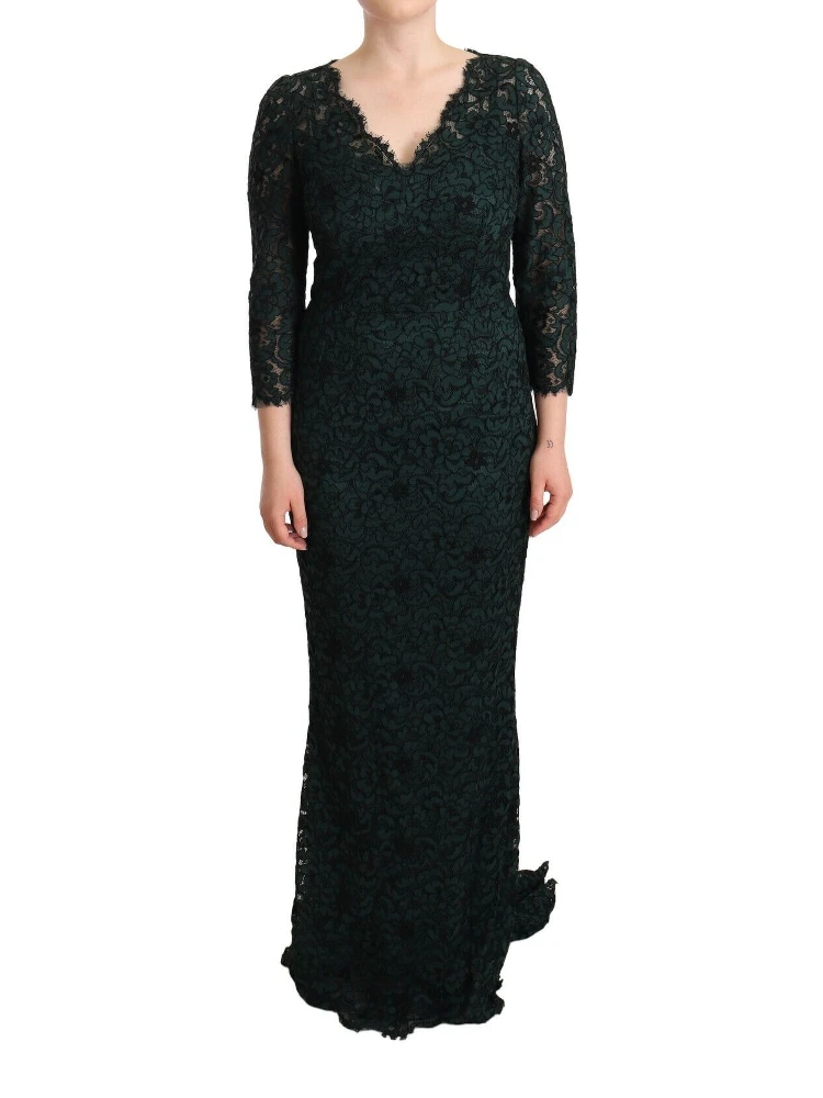 Green Floral Lace Maxi Floor Length Dress