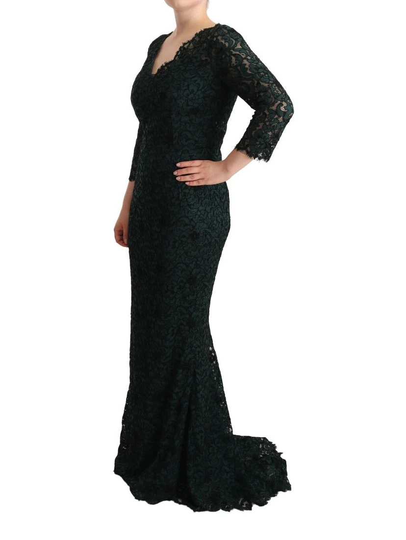 Green Floral Lace Maxi Floor Length Dress