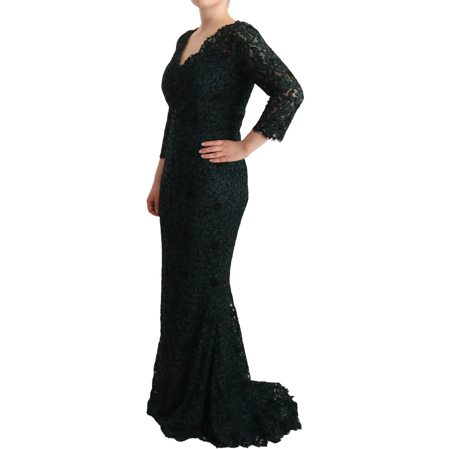 Green Floral Lace Maxi Floor Length Dress