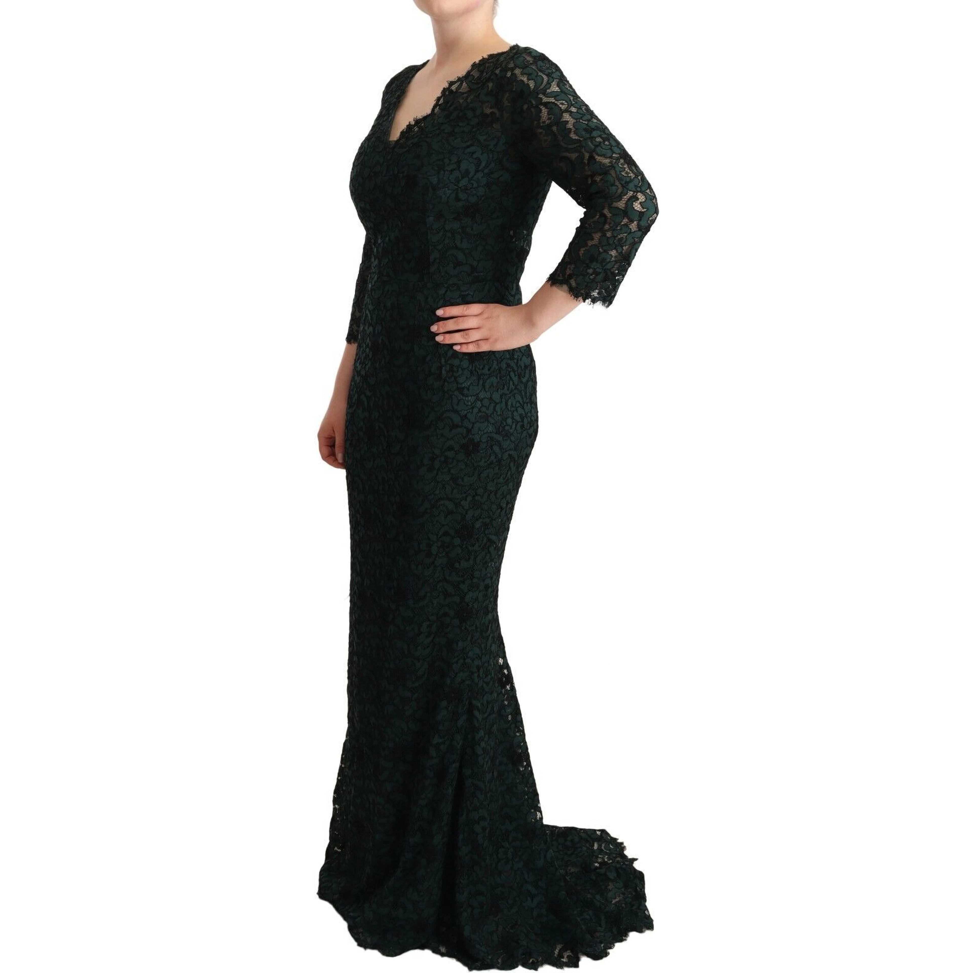 Green Floral Lace Maxi Floor Length Dress