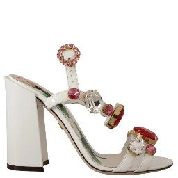 White Leather Crystal Keira Heels Sandals Shoes