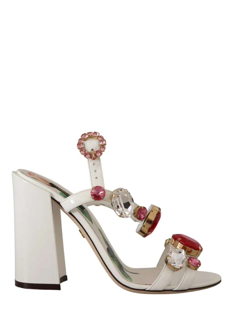 White Leather Crystal Keira Heels Sandals Shoes