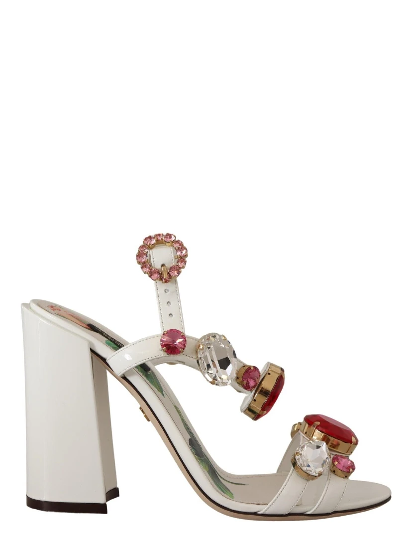White Leather Crystal Keira Heels Sandals Shoes