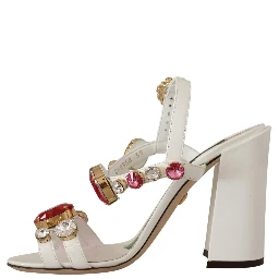 White Leather Crystal Keira Heels Sandals Shoes