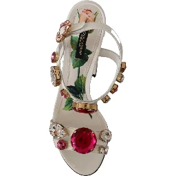 White Leather Crystal Keira Heels Sandals Shoes