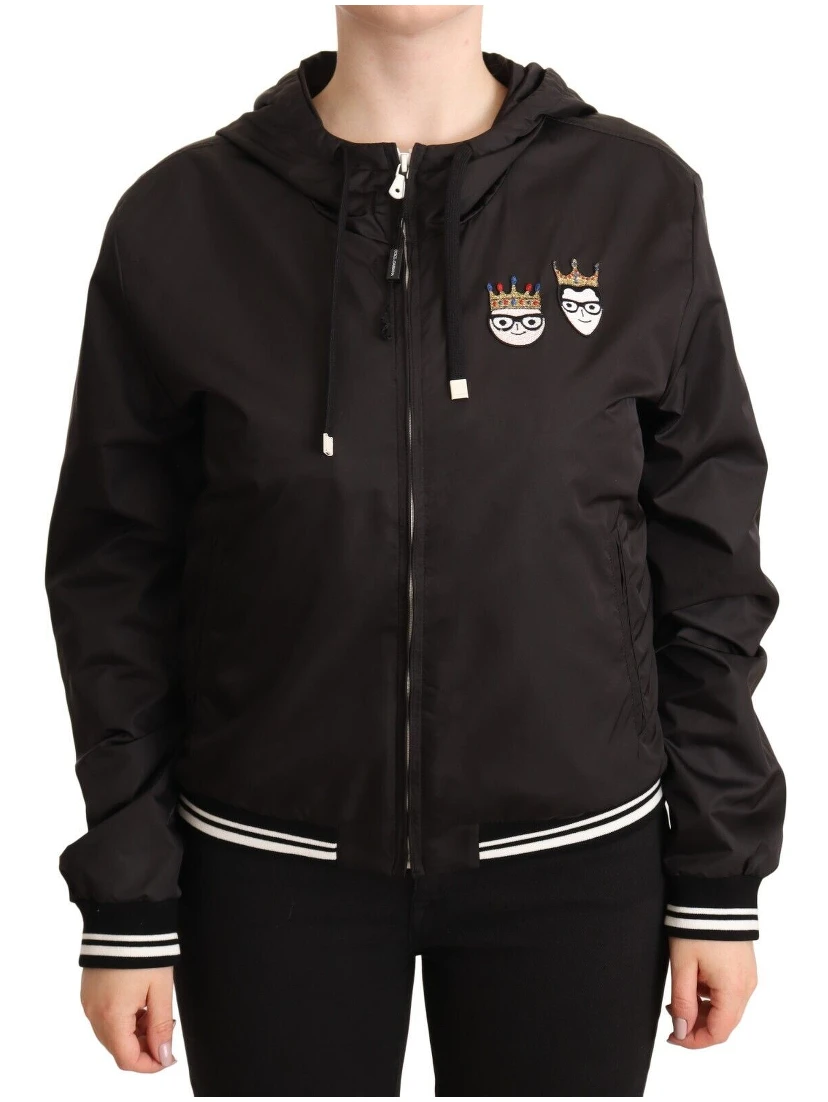 Black Polyester Hooded Bomber Full Zip Jacket