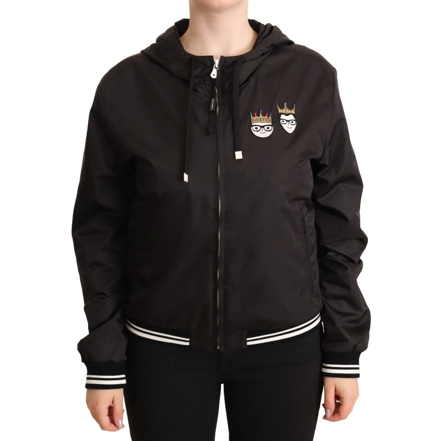 Black Polyester Hooded Bomber Full Zip Jacket