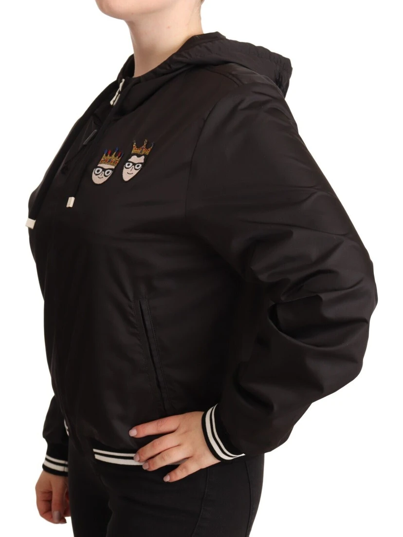 Black Polyester Hooded Bomber Full Zip Jacket