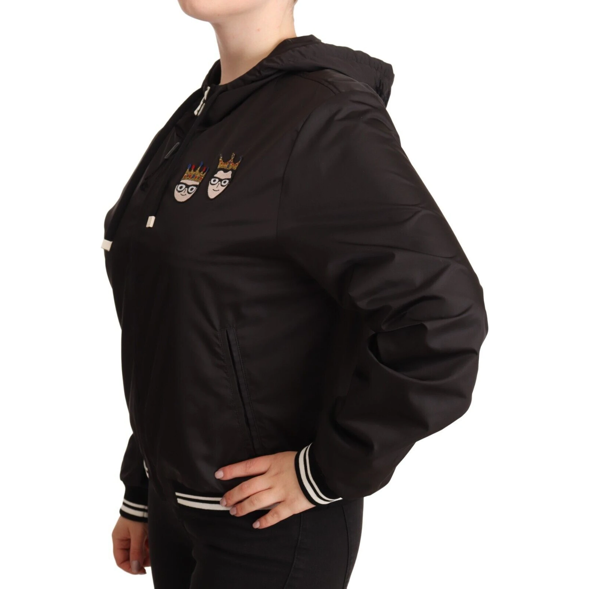Black Polyester Hooded Bomber Full Zip Jacket