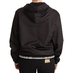 Black Polyester Hooded Bomber Full Zip Jacket