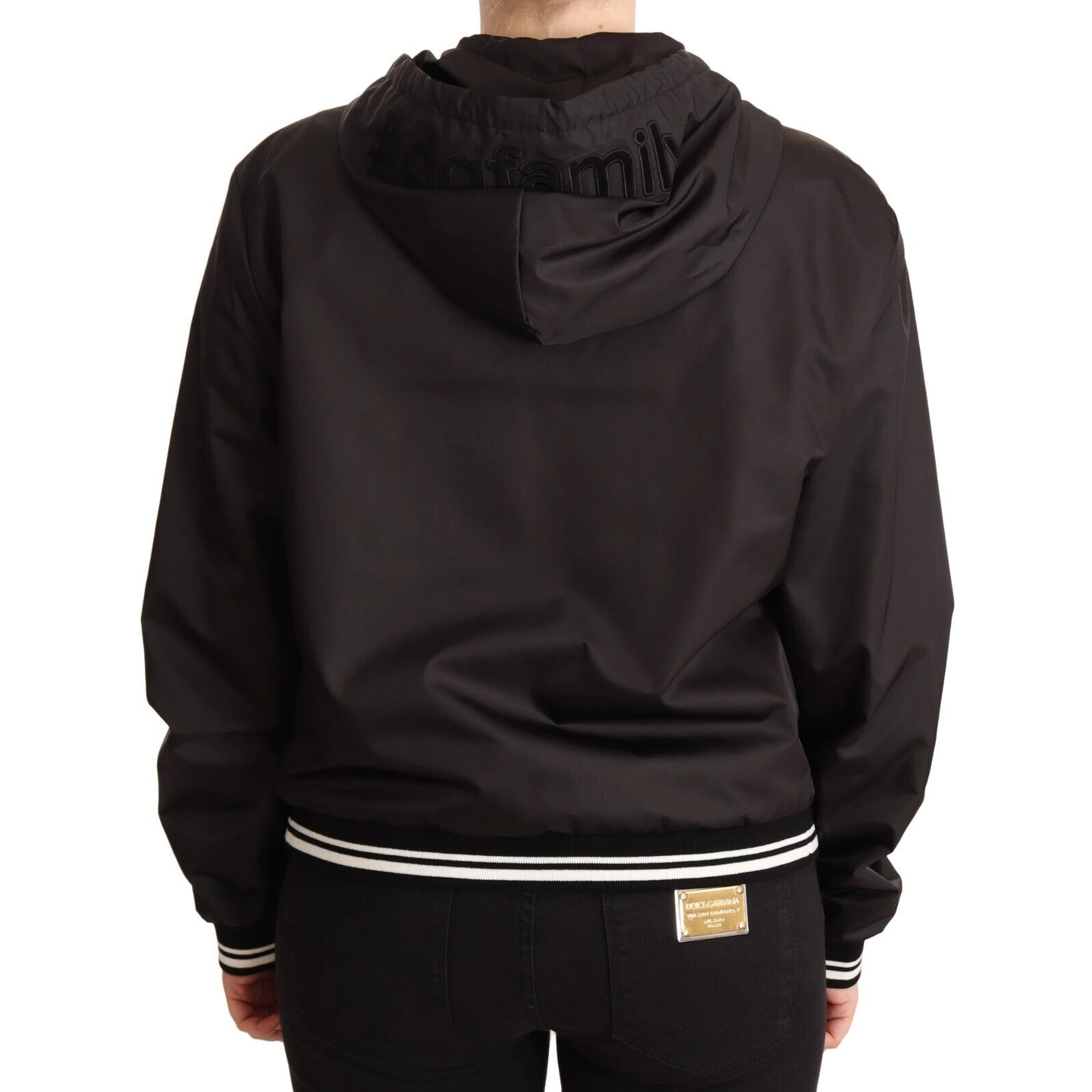 Black Polyester Hooded Bomber Full Zip Jacket