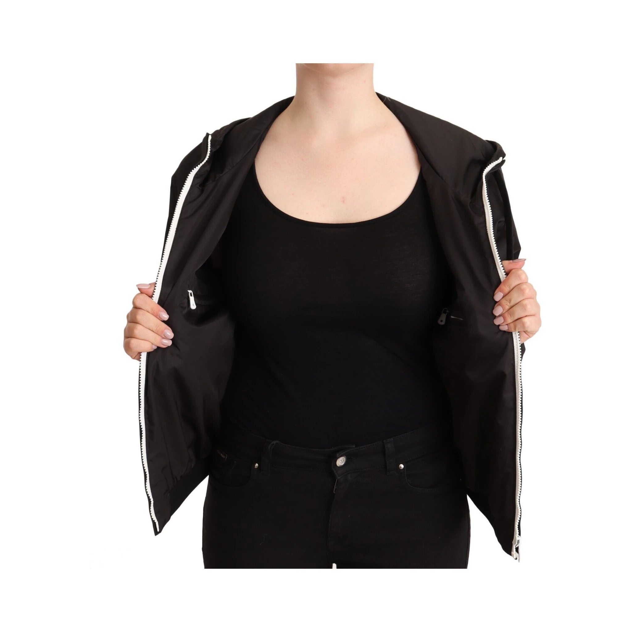 Black Polyester Hooded Bomber Full Zip Jacket