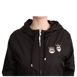 Black Polyester Hooded Bomber Full Zip Jacket