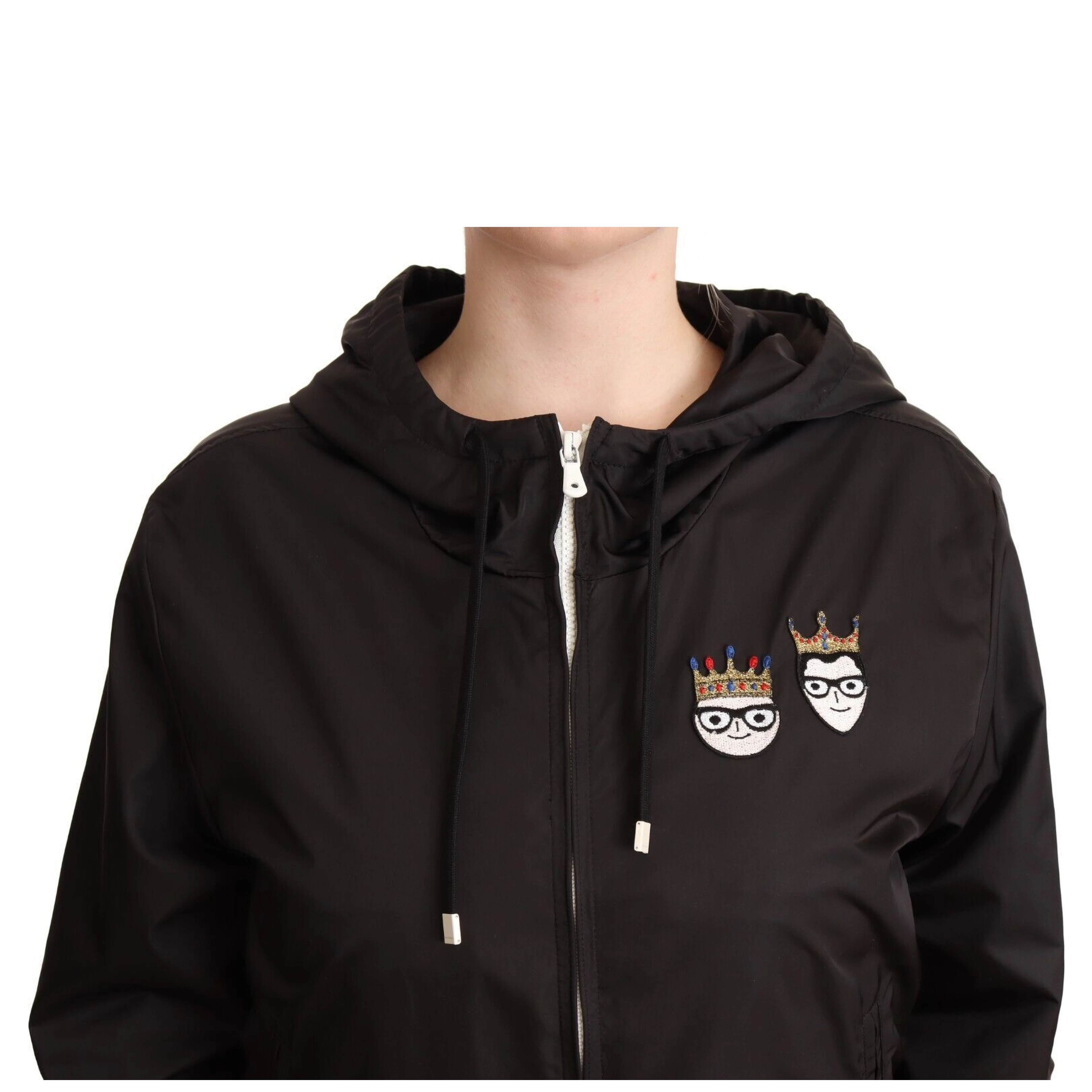 Black Polyester Hooded Bomber Full Zip Jacket