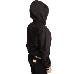 Black Polyester Hooded Bomber Full Zip Jacket