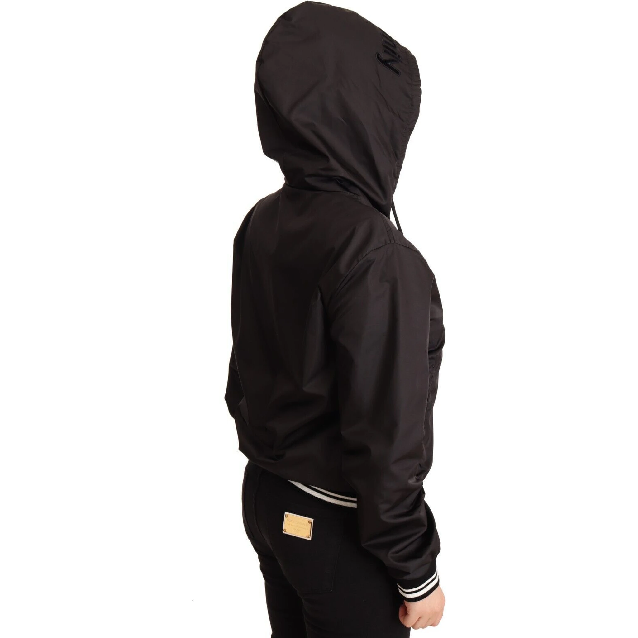 Black Polyester Hooded Bomber Full Zip Jacket
