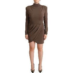 Brown Acetate Long Sleeves Turtle Neck Sheath Dress