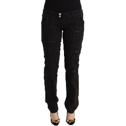 Black Cotton Distressed Low Waist Slim Fit Denim Jeans
