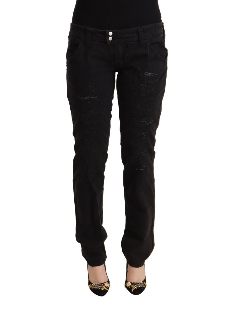 Black Cotton Distressed Low Waist Slim Fit Denim Jeans