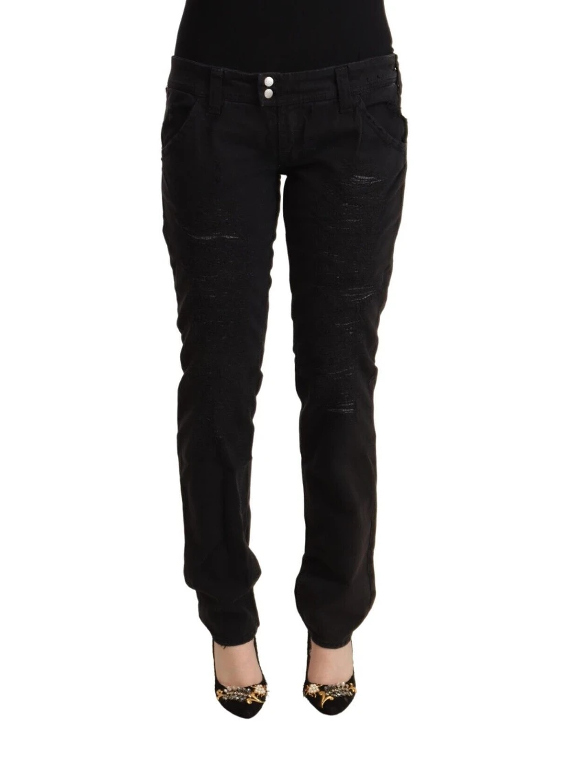 Black Cotton Distressed Low Waist Slim Fit Denim Jeans