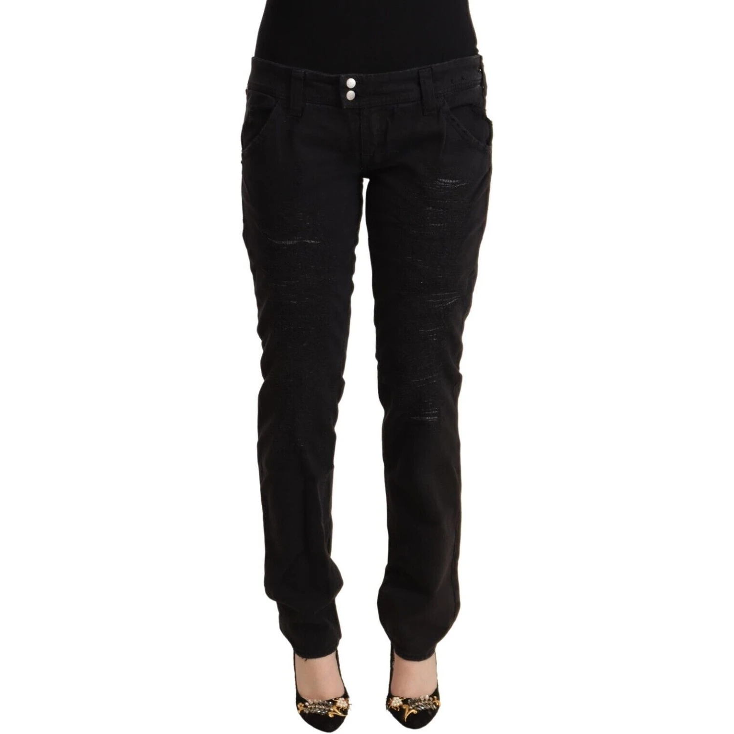 Black Cotton Distressed Low Waist Slim Fit Denim Jeans
