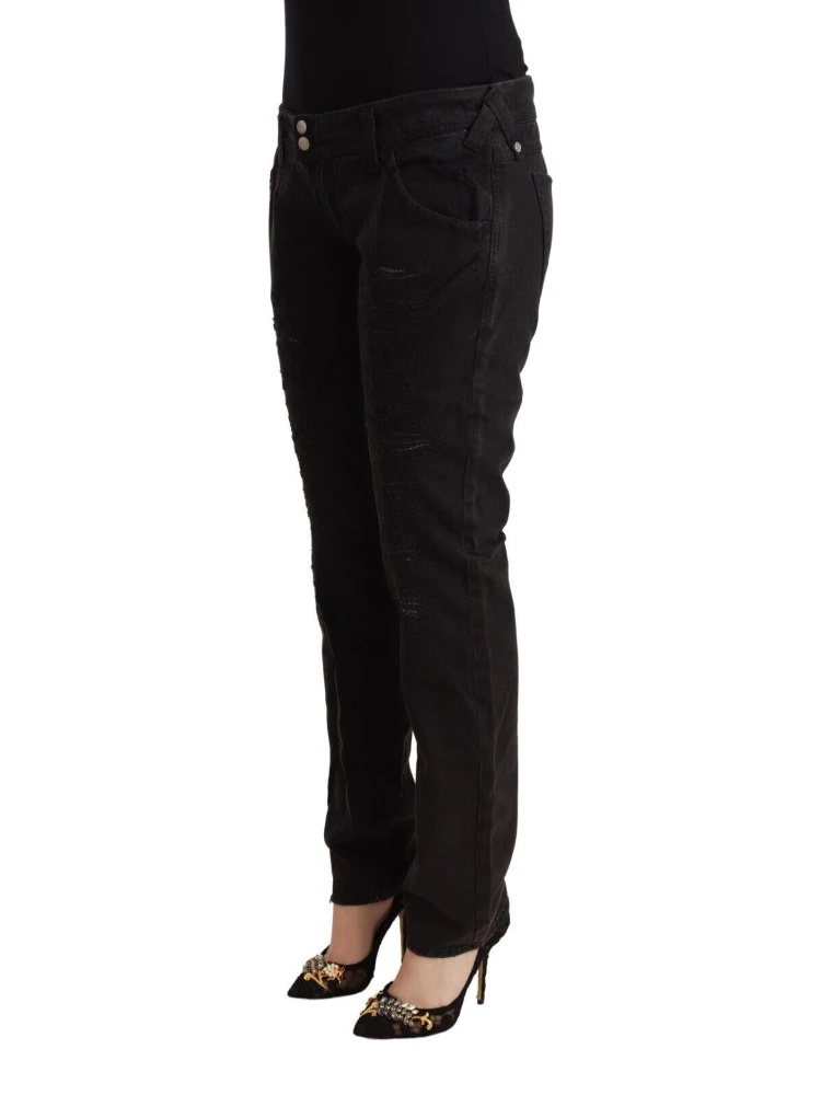 Black Cotton Distressed Low Waist Slim Fit Denim Jeans alternative