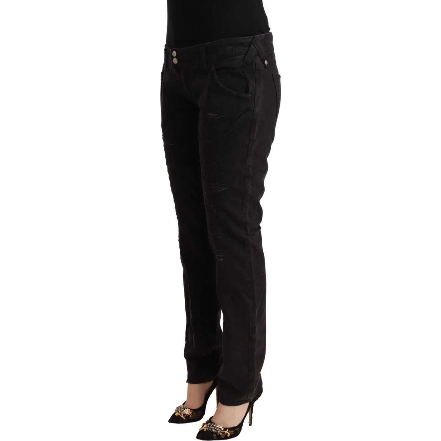 Black Cotton Distressed Low Waist Slim Fit Denim Jeans